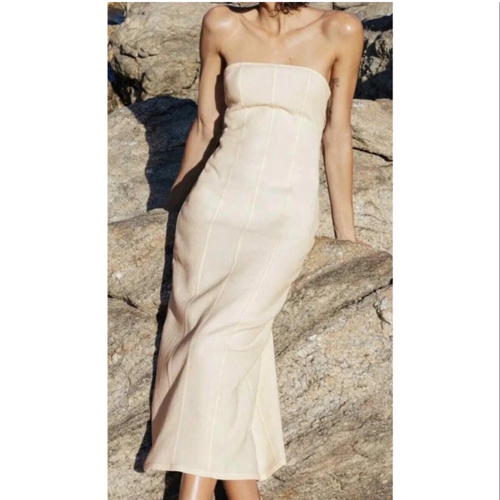 Zara Textured Strapless Tube Midi Dress Ivory Cream Large